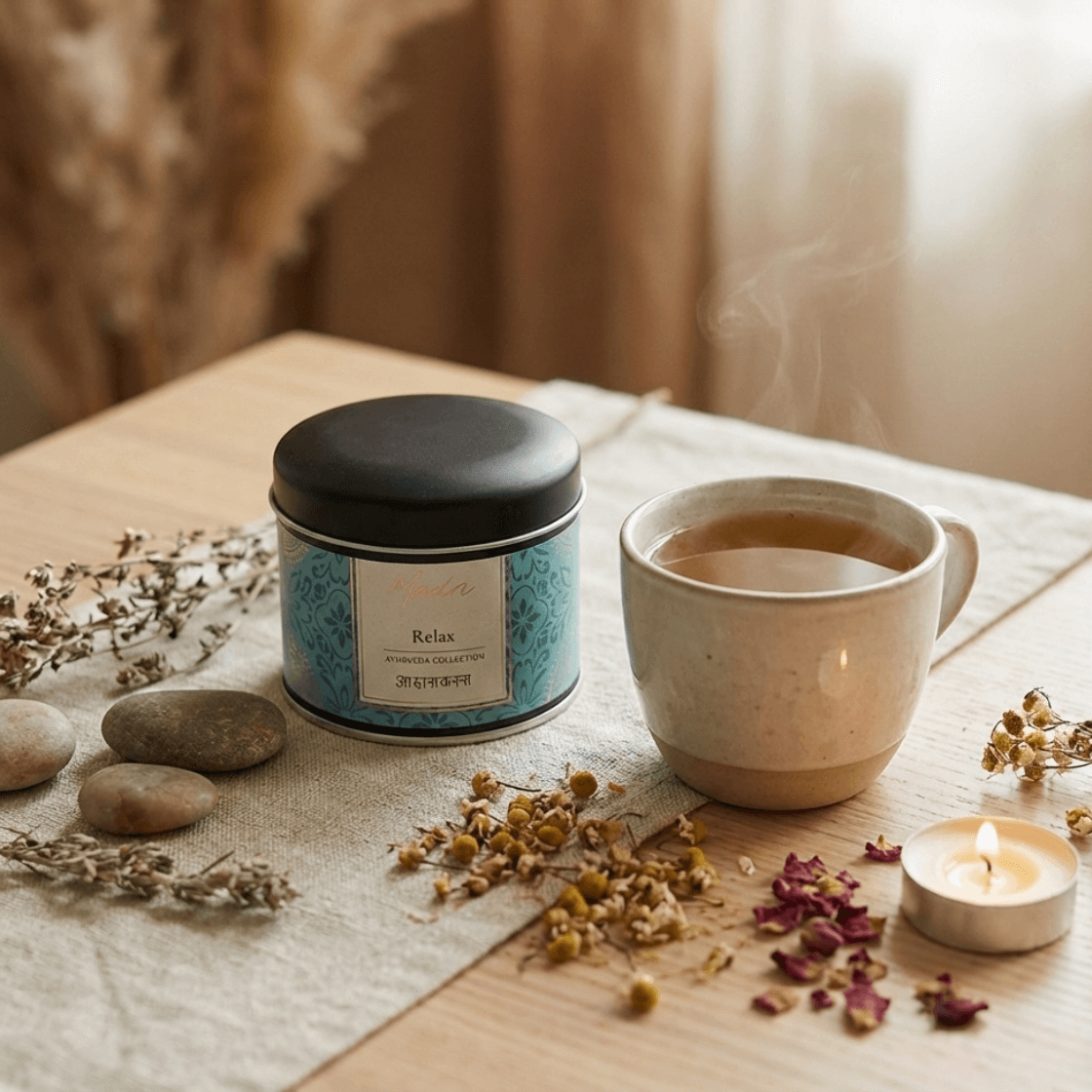 Premium ayurvedic herbal tea Madn Relax in decorative packaging, served with a hot cup of tea for a calming wellness experience.